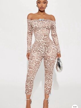 Fashion Nova Off-Shoulder Leopard Print Jumpsuit - Brown